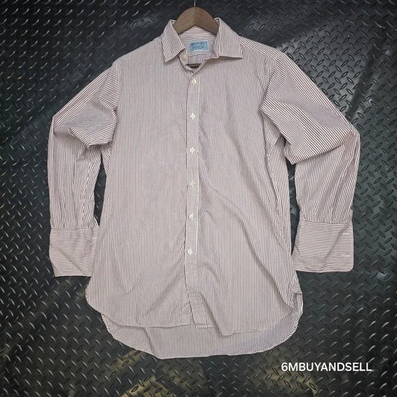 Hilditch & Key Mens Dress Shirt 16 Burgundy White Stripe French Cuff England - Picture 2 of 13